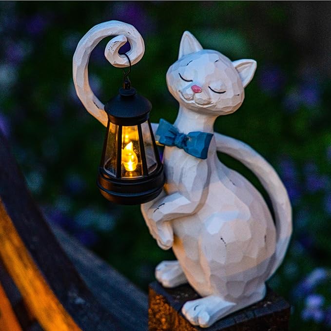 WHIMSYNOOK 10.7" White Cat Solar Garden Light Statue – Outdoor Garden & Yard by WhimsynookUSDirect