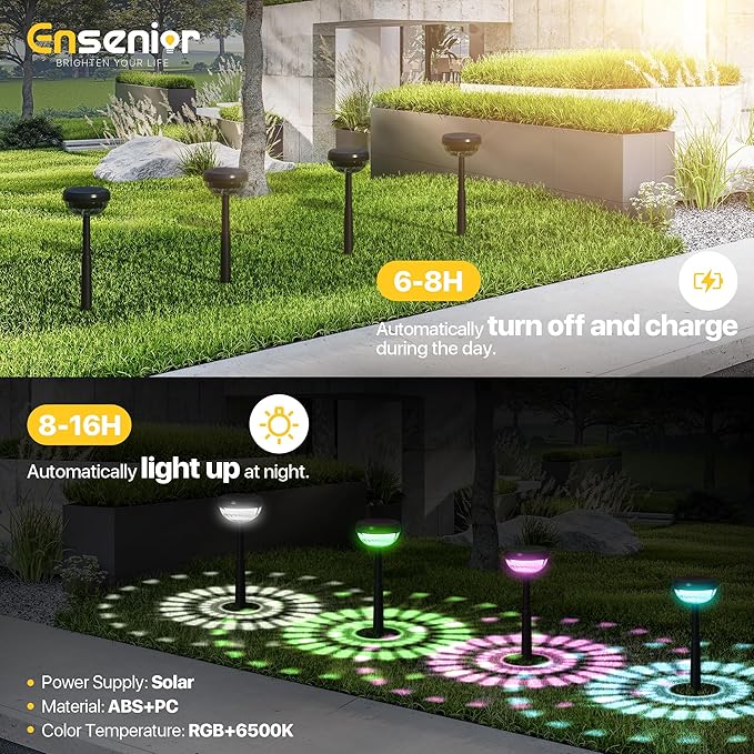 Ensenior Color Changing Solar Lights Outdoor, Auto ON/Off 6500K White Light & - Image 6