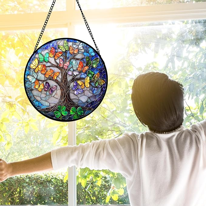 Stained Glass Window Hanging, Butterfly Tree Clover Sun Catchers Glass Panel - Image 3