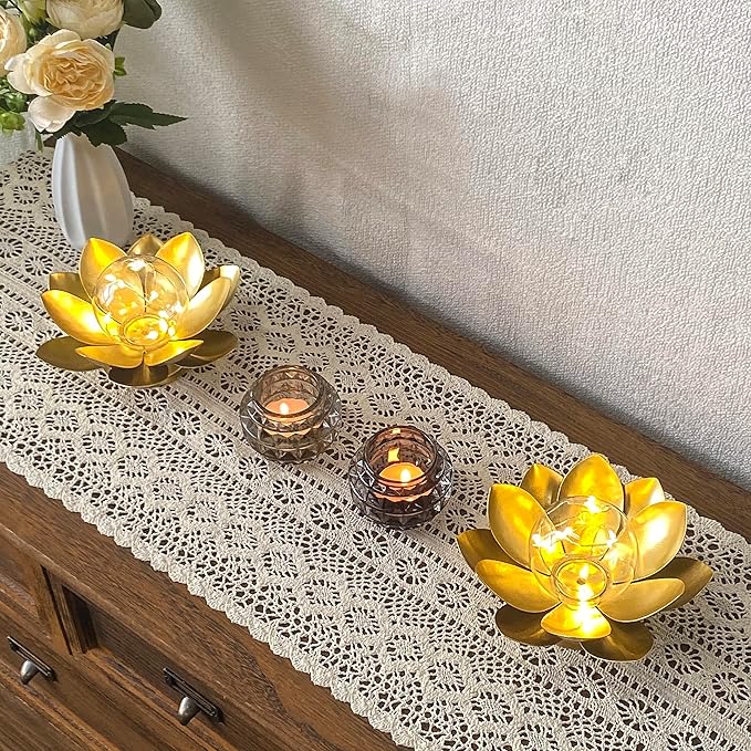 JHY DESIGN Set of 2 Gold Lotus Table Lamp Battery Powered 6''Tall Cordless Lamp - Image 5