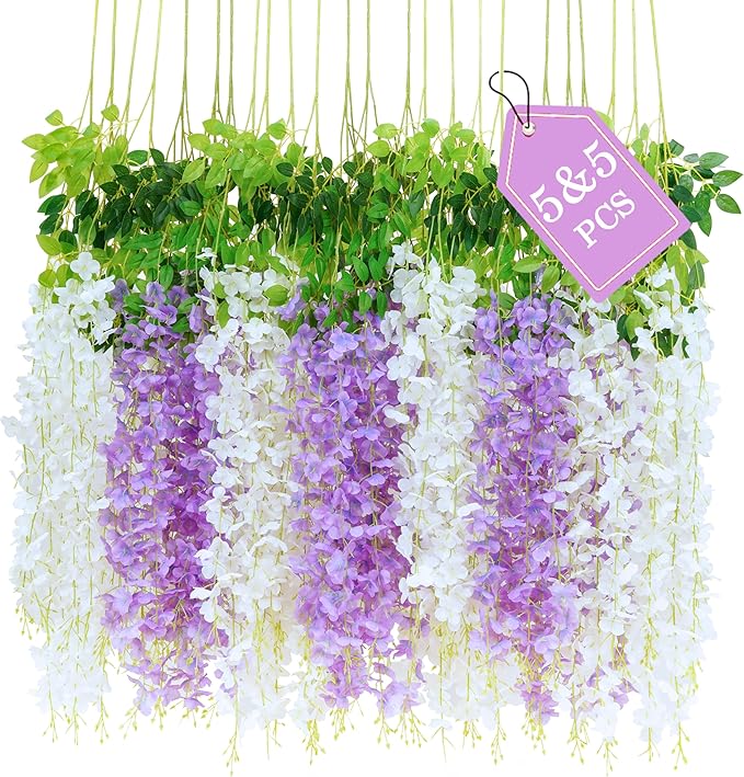 BLEUM CADE 10Pcs White & Purple Fake Wisteria Hanging Flowers, 3.6Ft/Pcs by BLEUMCADE