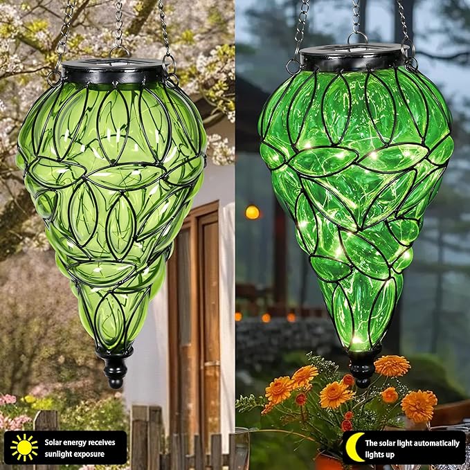 Solar Hanging Lantern Outdoor Garden Lights, Tear-Shaped Glass and Metal - Image 5