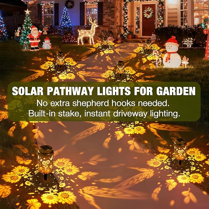 Cooo 4 Pack Solar Lanterns Outdoor Waterproof Sunflower Butterfly Solar Pathway - Image 5