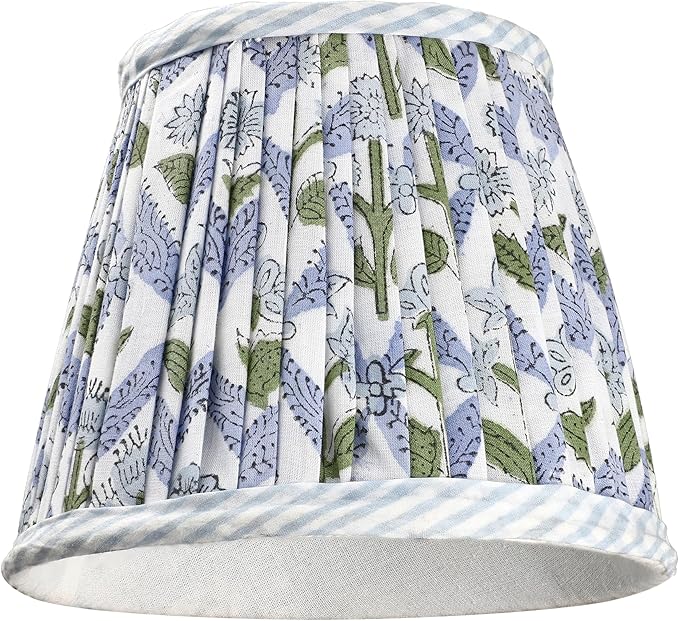 Ridhi Pleated Block Print Lamp Shade Light Steel Blue Floral Medium 4" Top x 6" by Ridhi