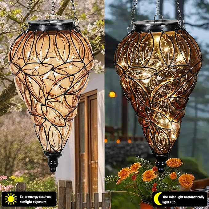 Solar Hanging Lantern Outdoor Garden Lights, Tear-Shaped Glass and Metal - Image 5