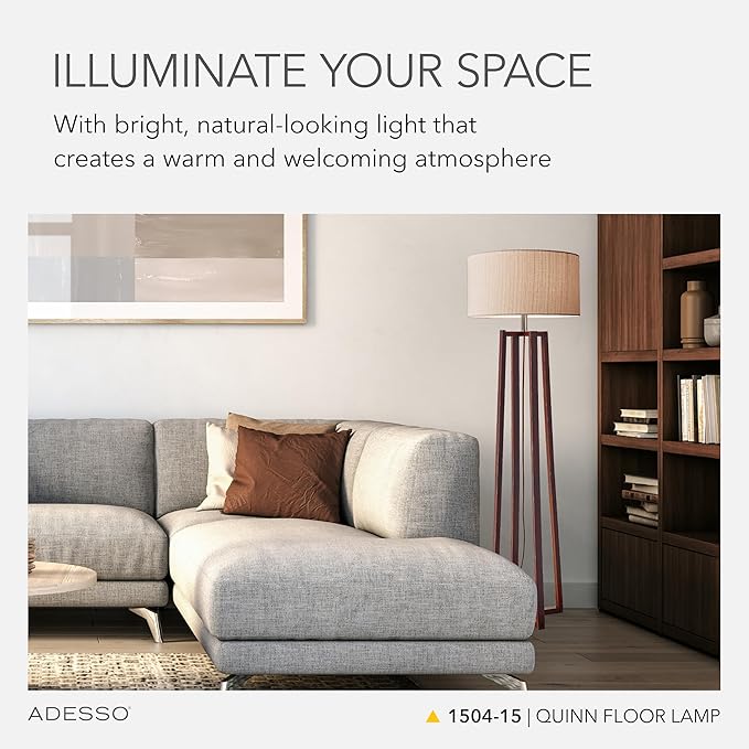 Adesso Floor Lamp with Walnut Birch Wood & Natural Linen Lampshade - Image 2
