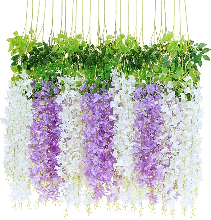 BLEUM CADE 10Pcs White & Purple Fake Wisteria Hanging Flowers, 3.6Ft/Pcs - Image 9