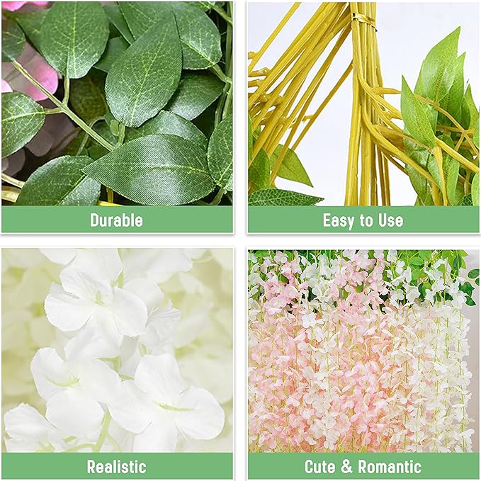 BLEUM CADE 20Pcs White & Pink Fake Wisteria Hanging Flowers, 3.6Ft/Pcs - Image 3