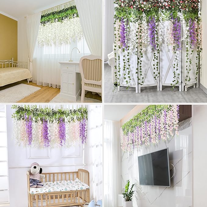 BLEUM CADE 20Pcs White & Pink Fake Wisteria Hanging Flowers, 3.6Ft/Pcs - Image 6