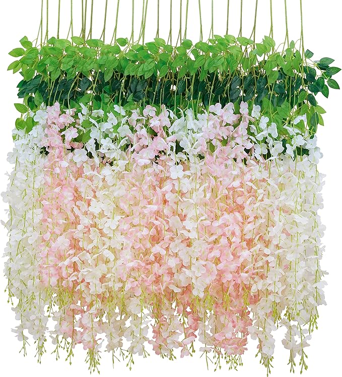 BLEUM CADE 20Pcs White & Pink Fake Wisteria Hanging Flowers, 3.6Ft/Pcs by BLEUMCADE