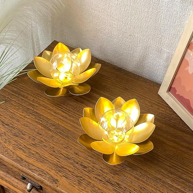 JHY DESIGN Set of 2 Gold Lotus Table Lamp Battery Powered 6''Tall Cordless Lamp - Image 6