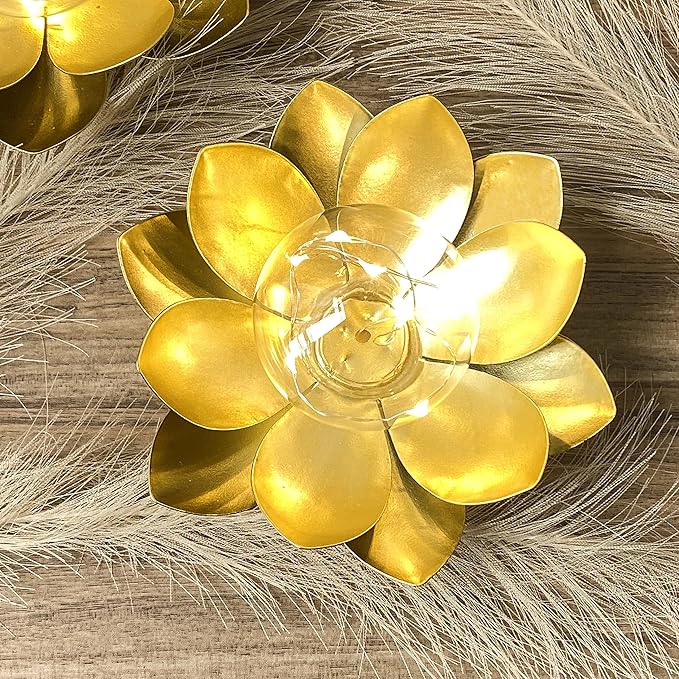 JHY DESIGN Set of 2 Gold Lotus Table Lamp Battery Powered 6''Tall Cordless Lamp - Image 2